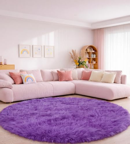 ROHATIM Teppich Rund 100 cm Violett Waschbar Rutschfester Runder Hochflorteppich Wohnzimmer Kinderzimmer Schlafzimmer Flauschig