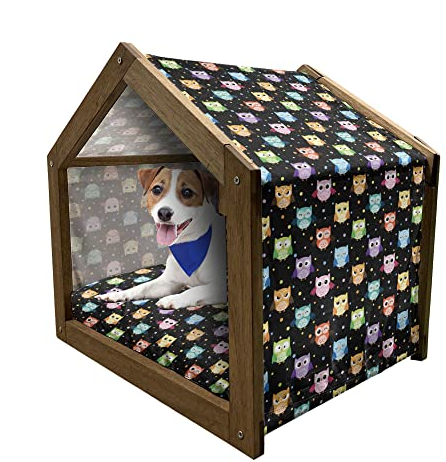 ABAKUHAUS Eulen Hundehütte aus Holz, Lustige Confused Ernst, tragbare Hundehütte für drinnen und draußen mit Kissen und Abdeckung, 72 cm x 100 cm, schwarz Multicolor