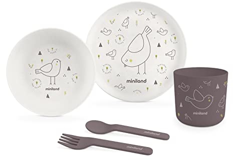 Miniland - Vajilla para Bebé BLW de Silicona | Plato Bebé con Ventosa Antideslizante, Vaso y Cubierto | Vajilla infantil ideal para Alimentación Autónoma (Set Forest)