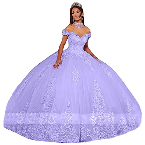 TSxuelian Vestido de quinceañera con hombros descubiertos para mujer, vestido de fiesta formal con apliques de encaje, Lila, 36