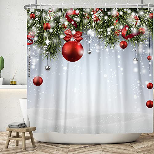 Bovlleetd 183x188cm Cortina de Ducha de Navidad Campanas de Plata roja Rama de Navidad Cortinas de Ducha Decoración de baño con temática navideña Impresión 3D Cortina de bañera