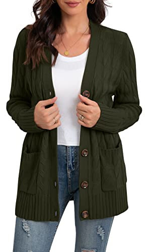 GRECERELLE Womens Long Cardigans Jumpers Cardigan with Pockets Buttons Ladies Loose Knit Long Sleeve Knitwear Oversized Sweater Cardigan for Autumn Winter Spring (Army Green, M)