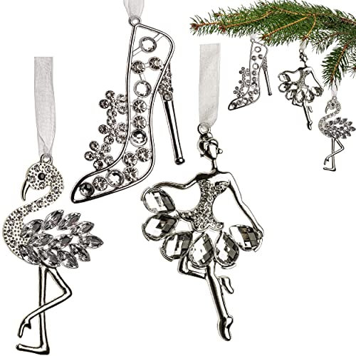 3 Stück Anhänger/Weihnachtsbaumschmuck/Deko Figur Ballerina/Schuh/Flamingo 12 cm - Innen & Außen - bruchfest - Glitzer Steine - Metall - wetterf..