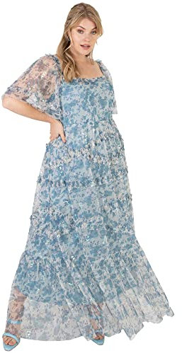 Lovedrobe Womens Plus Size Maxi Dress for Ladies Short Sleeve Flutter Sleeve Ruffle Pull On High Waist Square Neckline Summer Blue Size 18