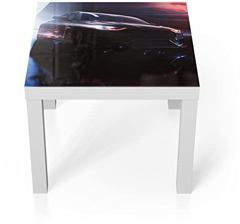 DEQORI Glastisch | weiß klein 55x55 cm | Motiv Sportwagen im Tunnel | ausgefallener Beistelltisch aus Glas | Hochglanz Couchtisch fürs Wohnzimmer | moderner Couch Tisch mit Design