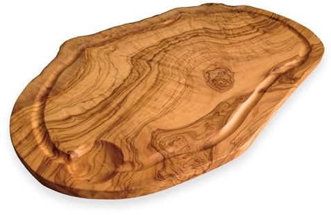 Planche à découper avec rainure, longueur au choix, plateau de service, fait à la main en bois d'olivier (longueur : 45 cm)
