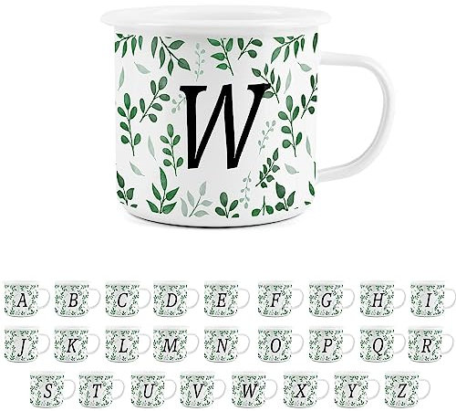 Foliage Letter W Mug -White Initial Personalised Alphabet Novelty Durable Hot Drinks Outdoor Cup for Travel Picnics Home Hiking