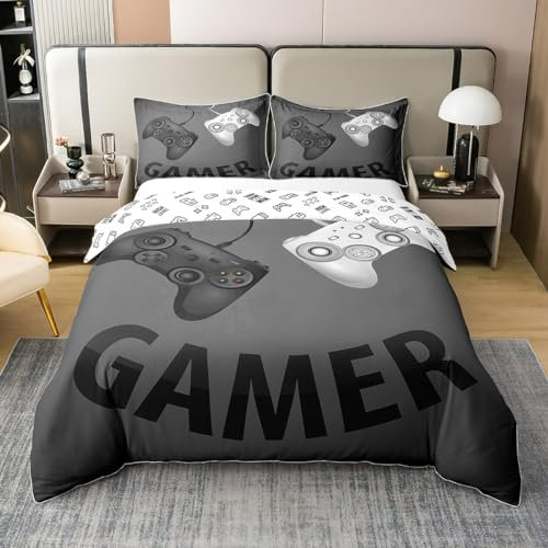 Grey Gaming 100% Cotton Duvet Cover King Gamer Gift for Boys Kids Girls Young Man Video Games Comforter Cover White Black Gamepad Bedding Set Travelling Camping Gifts Quilt Cover Soft Breathable