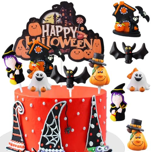 HGSHUO Tortendeko Halloween Kuchen Deko - Kürbis, Fledermaus, Ghost Topper für Torte und Muffin - Happy Halloween Cake Decoration