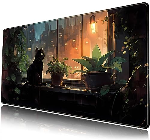 Mechanical Cattle Schwarze Katzen-Schreibtischunterlage, grüne Pflanzen, Anime, großes Gaming-Mauspad, XL-Mauspad, erweitertes Tastatur-Mauspad, große Lange Mauspad, Laptop-Desktop-Matte, niedliche