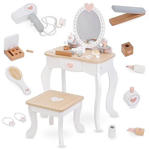 Mamabrum Toeletta per Bambine in Legno - Set Vanity con Specchio, Profumi, Smalti, Spazzola e Accessori per Capelli - Tavolino da Trucco Giocattolo per Bambine