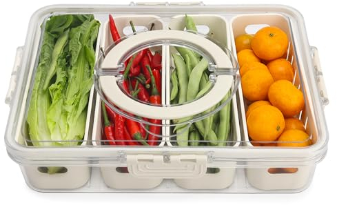 shopwithgreen Salad Bar Containers for Fridge with Lid and Handle, Fruit Storage Containers with 4 Removable Colanders, Berry Box Fresh Produce Saver for Fruit, Veggie, Refrigerator, Kitchen, Picnic