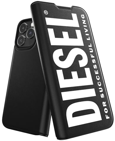 Diesel Case Designed for iPhone 15 Pro Max | Black and White Design | Shockproof Drop Protection | Folio Booklet Case | Wireless Charging Compatible | Raised Edges Protective Phone Cover
