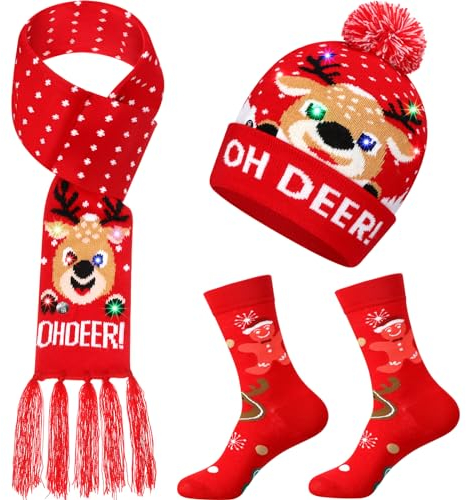 SATINIOR 3 Stück LED Weihnachtsmütze und Schal mit Licht und Crew Socken Set Gestrickte Leuchtende Weihnachtsmütze und Schal Warme Rentier Socken für Erwachsene Jugendliche Neujahr Party Zubehör