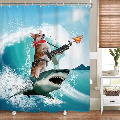 FABTOP Duschvorhang Lustig 180x180 cm, Coole Katze Reitet Hai Duschvorhänge 3D Hai Fisch Bad Vorhang, Meeresmotiv Haifischwal Shower Curtains Wasserdicht (2,120 x 200 cm)