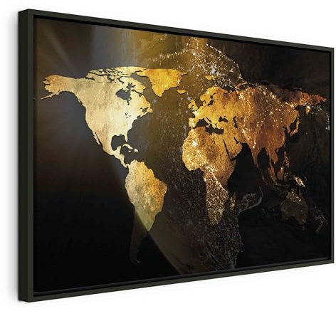 B&D XXL Bilder mit Rahmen 120x80 cm Wandbilder groß Leinwandbild XXL schwarzer Holzrahmen modern Wanddekoration Kunstdruck Wanddeko Wohnzimmer Schlafzimmer Weltkarte Abstrakte Landkarte Sonne grau