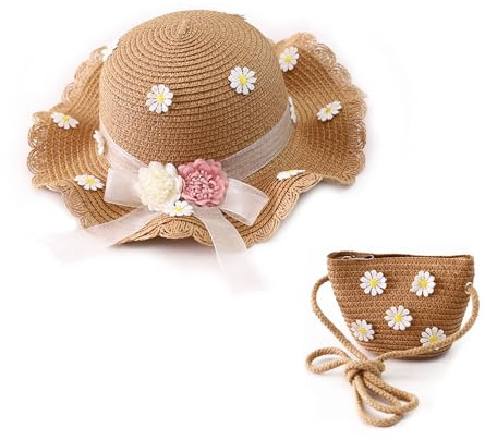Sombrero De Paja Para Niños y Niñas Con Bolsa, Ideal Para Playa, Viajes y El Día a Día (Caqui)
