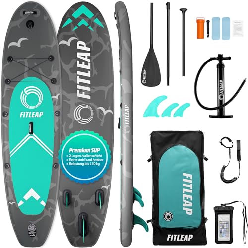 Fitleap Premium Stand Up Paddle Board aufblasbar - SUP Board Set mit Hochdruckpumpe, verstellbarem Paddel und Rucksack - Ideal für Anfänger und Profis - Perfekt für Yoga, Surfen und Wassersport