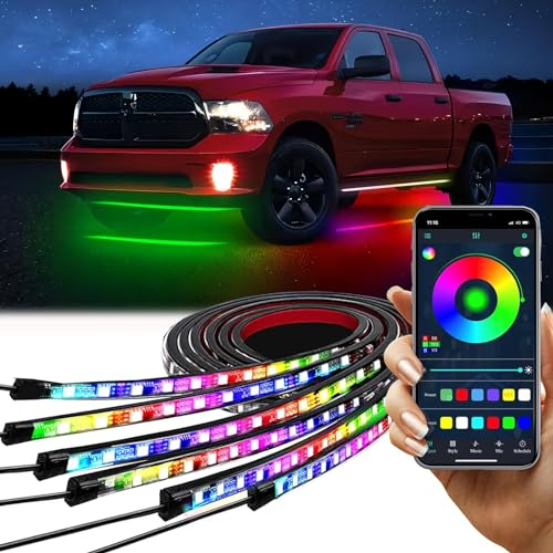 6Pcs Unterbodenbeleuchtung Auto, Mehrfarbiges Auto Unterglow Streifen Beleuchtungsset mit APP und Fernbedienung Atmosphere Beleuchtungs Kit(150cm x 2+60cm x 4)