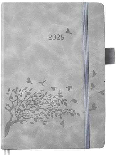 Kalender 2025 Buchkalender A5 1 Tag 1 Seite, Tagesplaner mit Monatsübersicht & Notizen, 2 Lesezeichenband, Stifthalter, Tasche, Leder Hardcover, Jahresplaner Buch Planer Terminplaner, Jan.25-Dez.25