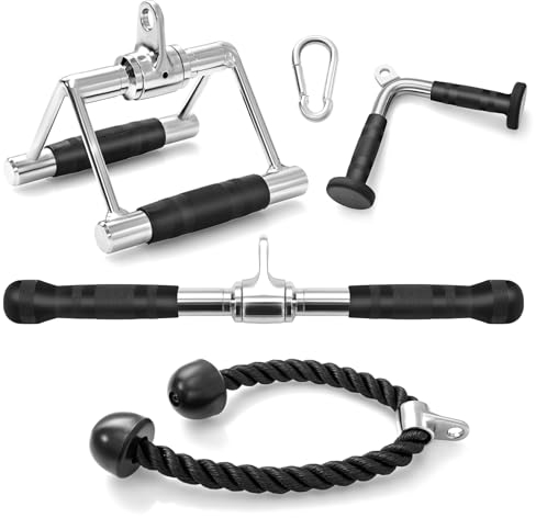 COSTWAY 3/4-Piece Cable Machine Attachment Set, LAT Pulldown Equipment with V-Shaped Press Down Handle, Tricep Rope & Double D Handle, Weight Machine Accessories for Home Gym (with Straight Bar)