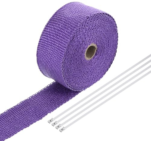 QUARKZMAN Hitzeschutzband 10 Meter x 5cm Auspuff Dichtband Auspuffband Fibreglass mit 4 Edelstahl Kabelbinder, für Auspuffkrümmer von Motorrädern und Autos, Lila