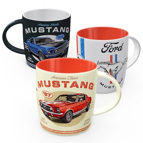 Nostalgic-Art Set di 3 tazze da caffè in stile retrò, 330 ml, Ford Mustang Set 2, idea regalo per fan di accessori Ford, prodotto con licenza originale (OLP), tazza in ceramica, design vintage