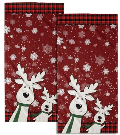 Winter-Handtücher mit niedlichem Hirsch, 2 Stück, Frohe Weihnachten, rot, schwarz, rot, Büffel, kariert, Elch, Schneeflocke, Dekoration, Küchentücher, Happy Holiday, rotes Geschirrtuch, superweiche