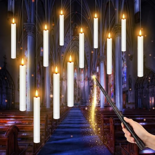 Mineup Schwebende Kerzen mit Zauberstab, 12 Stück LED Kerze mit Zauberstab Fernbedienung, Floating Candles, LED Kerzen mit Zauberstab, LED Stabkerzen für Halloween Deko Weihnachten Hochzeit Party