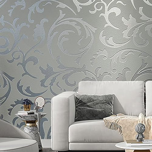 1Roll Silver Grey Glitter Striped Retro Leaf Wallpaper Modern Damask Embossed Textured Wallpaper for Adults Kids Living Room Bedroom TV Background Hallway Stairs Lounge Non-Woven Wallpaper