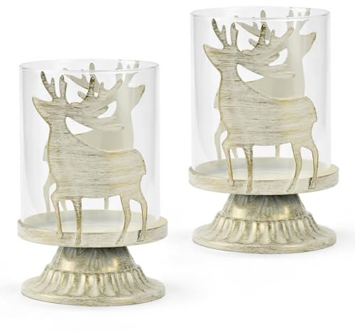 LPAMABA 2er Set Kerzenhalter Weihnachten Teelichtglas Weihnachtsdeko Windlichter Hirsch Kerzenständer aus Metall Rentier Windlichter Kerzenleuchter Teelichthalter Weihnachtliche Tischdekoration