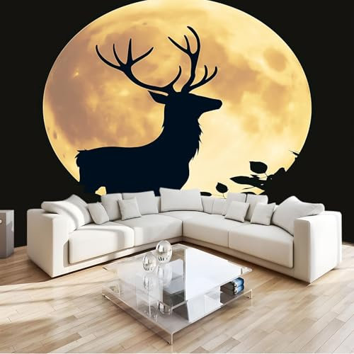 Fototapete 3D Effekt Tiere Hirsch Mond Silhouette 350x256 cm Vliestapete Wohnzimmer Schlafzimmer Vlies Tapete Art Wandtapete UV-Beständig Wanddekoration Tapete