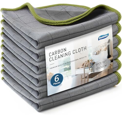Ekedalen 6X Fensterputztücher Carbon Tücher, Reinigungstücher für Kristallklare & Streifenfreie Scheiben, Mikrofaser Putztücher, Fusselfreies Poliertuch, 30x30 cm Glastücher, Grün