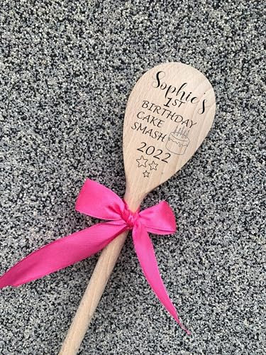 Personalised Wooden Cake Smash Spoon, 25-30cm, Pink Ribbon, 2022