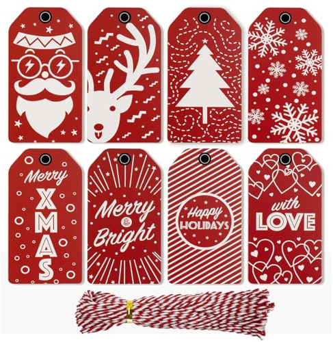 Rote Weihnachts-Geschenkanhänger, 80 Stück, 8 Designs, Kraftpapier, Weihnachtsetiketten mit 80 Baumwollschnur, für Weihnachten, Geburtstagsgeschenk oder Weihnachtsbaum-Dekoration
