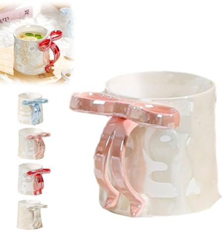 12oz Charming Ribbon Mugs with Bow Handle, Ceramic Christmas Bow Hot Chocolate Mug, 350ml Bow Mug, Pink Christmas Mug, Ribbon Handle, Valentine's Day Christmas Birthday Gift (Pink)