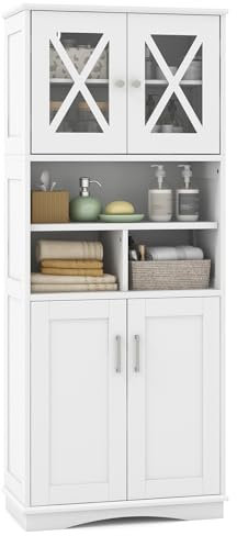 Multigot Bathroom Tall Cabinet, Floor Standing Bathroom Storage Cupboard with Adjustable Shelves and Open Compartments, Wooden High Floor Cabinet Organizer Unit (4 Doors, 60 x 30 x 145cm, White)