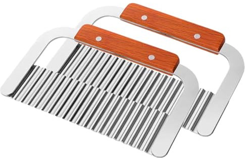 Crinkle Cutter Stainless Steel Potato Carrot Chip Vegetable Crinkle Wavy Chopper Cutter French Fry Slicer Wooden Handle Serrator Chopping Knife, Set of 2
