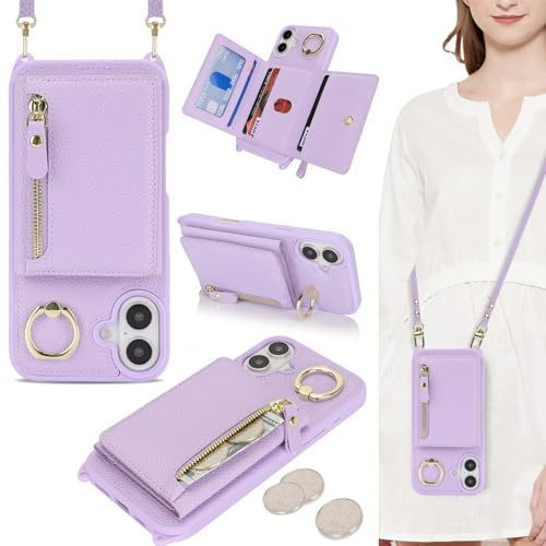 ELTEKER Funda para iPhone 16 con Cuerda, [Ranuras para Tarjetas] [Correa de Hombro] [Soporte para Anillos] Funda Movil Carcasa Cuero para iPhone 16 - Morado Claro