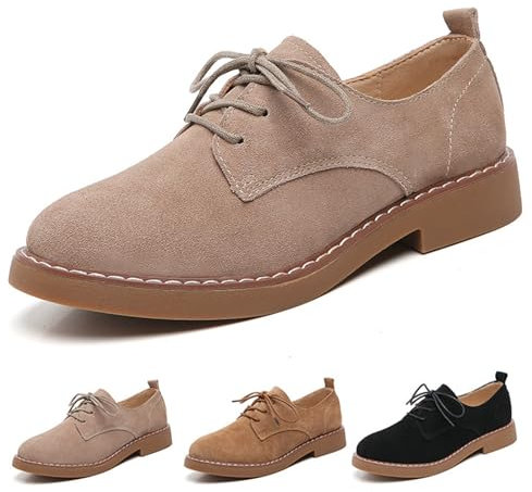 Zapatos De Tacón Plano De Cuero Estilo Británico Retro para Mujer, Zapatos Oxford con Cordones para Mujer, Zapatos Oxford Antideslizantes De Punta Redonda Cómodos Y Transpirables (38,Caqui)