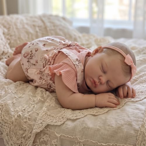 MineeQu 24 Zoll Lebensechte Realistische Reborn Baby Puppe - Schlafendes Neugeborenes Kleinkind-Mädchenpuppe Geschenksatz mit Handbemaltem Haar & Stoffkörper