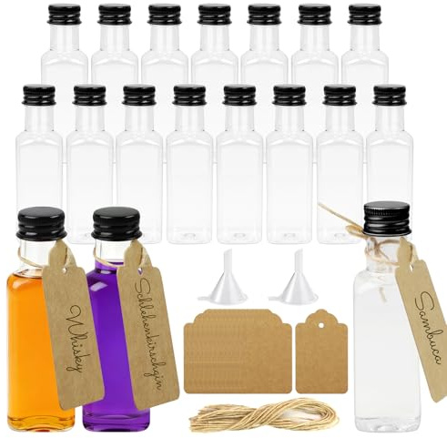MIHURO 15 Pack 50ml Shot Bottles with Lids,Square Mini Plastic Bottle | with Hangtag Funnel,Reusable Mini Alcohol Bottles,Shot Bottle for Christmas,Hen Party,Wedding Party,Whiskey,Spirit Vodka