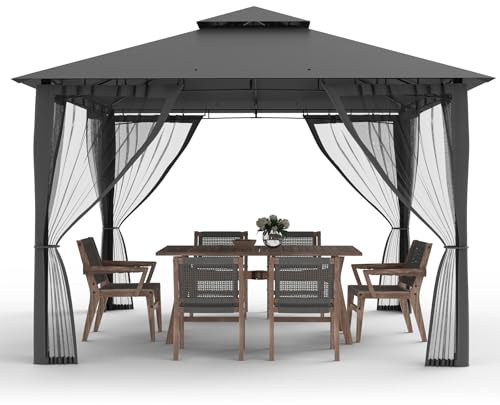 Amopatio Cenador de Jardín, 2.75x2.75m, Doble Techo Impermeable con Mosquitera Incluida - Pergola Exterior de Metal para Fiestas, cenador de Metal para Piscina, Gris