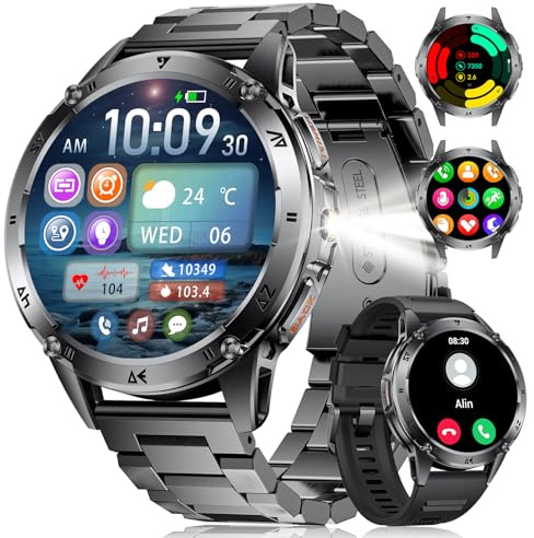 FITFLEX Smartwatch Herren Militär mit Telefonfunktion, 1,43'' AMOLED Smart Watch mit 530mAh Akku, Taschenlampe, Herzfrequenz, Schlafmonitor, 120+Sportmodi IP68 Wasserdicht Sportuhr für Android iOS
