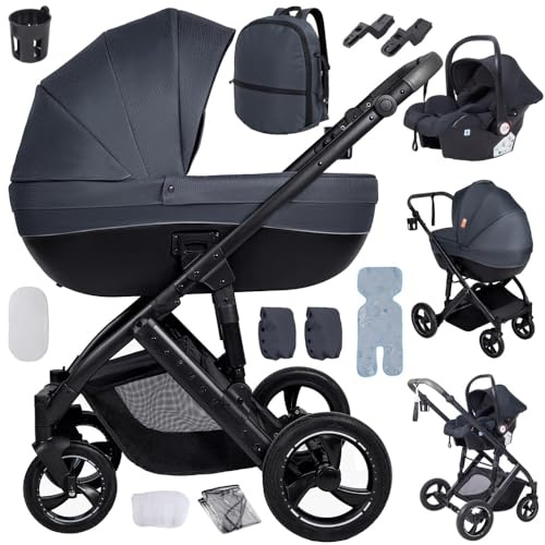 3 in 1 Kinderwagen mit Babywanne,faltbares Reisesystem,für Neugeborene bis Kleinkinder,Geländeräder,inklusive Reisetasche,Regenschutz und weiterem Zubehör(Grau)