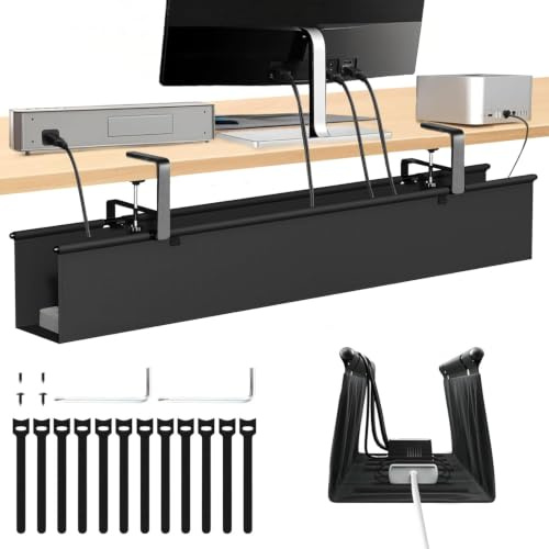 Desk Cable Management Tray for Electric Standing Desk Wire Organiser | 35Inch Metal Cable Tray for Wires & Power Strips, Wire Tidy for Office and Home, No Drill Clamp Mount Cable Organiser
