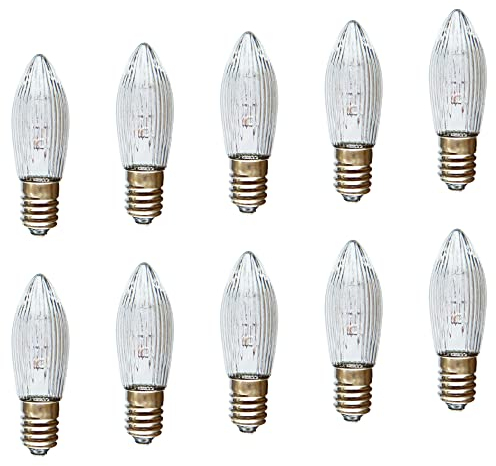 AUSWAHL 8V - 55V - netSells - 10er Set - 23V 3W Topkerze Riffelkerze Spitzschaftkerze - für Schwibbogen u. Lichterketten - für INNEN - für 10 Brennstellen - klar