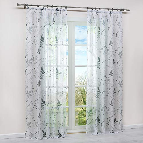 HongYa 1 Stück Transparenter Vorhang Voile Gardine Schal mit Kräuselband Fensterschal H/B 225/140 cm Blatt Muster