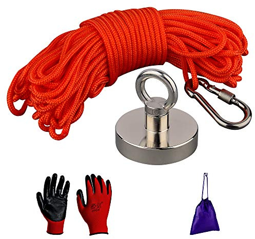 MUTUACTOR Angelmagnete 150 kg Zugkraft, N52 Neodym-Magnete mit 20 m langem, widerstandsfähigem Seil, zum Angeln und zur magnetischen Bergung mit Handschuhen und Tasche