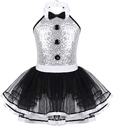 iEFiEL Mädchen Pailletten Ballettkleid Glitzer Tanzkleid mit Kragen & Knöpfe Performance Kostüm Kinder Ballett Tutu Ballettanzug Body Gymnastikanzug Silber & Schwarz 110-116